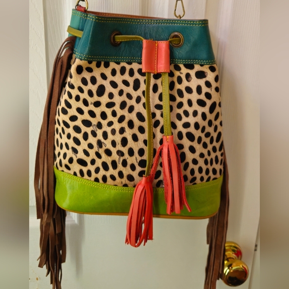 Zelah Handbags - Zelah Leather & Hair on Hide Leopard Print Multicolor Drawstring Bucket Bag